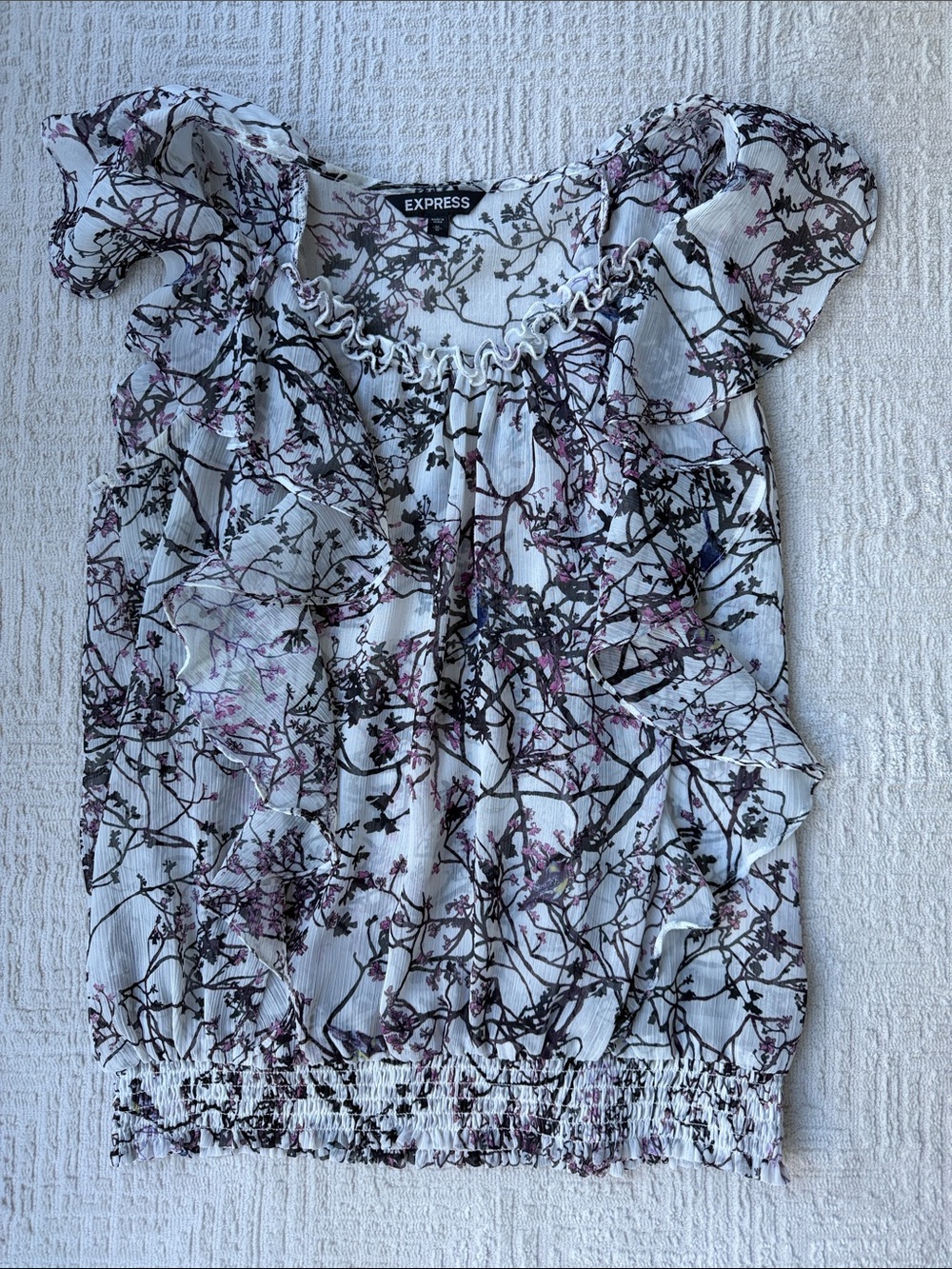 Express White Floral Ruffled Cap-Sleeve Blouse